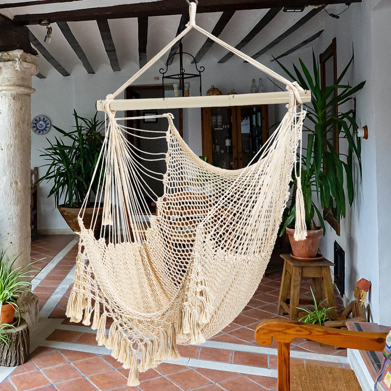 YAERSI Hammock Chair Max 330lbs  Large Hanging Chair  Soft Cotton Rope Swing Chair with High Load-Bearing Metal Rod Indoor Outdoor Garden Yard Living Room Use Beige - Image 3